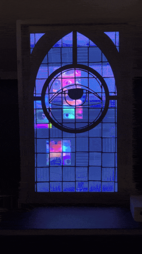 Finished stained glass eyeball lit from behind