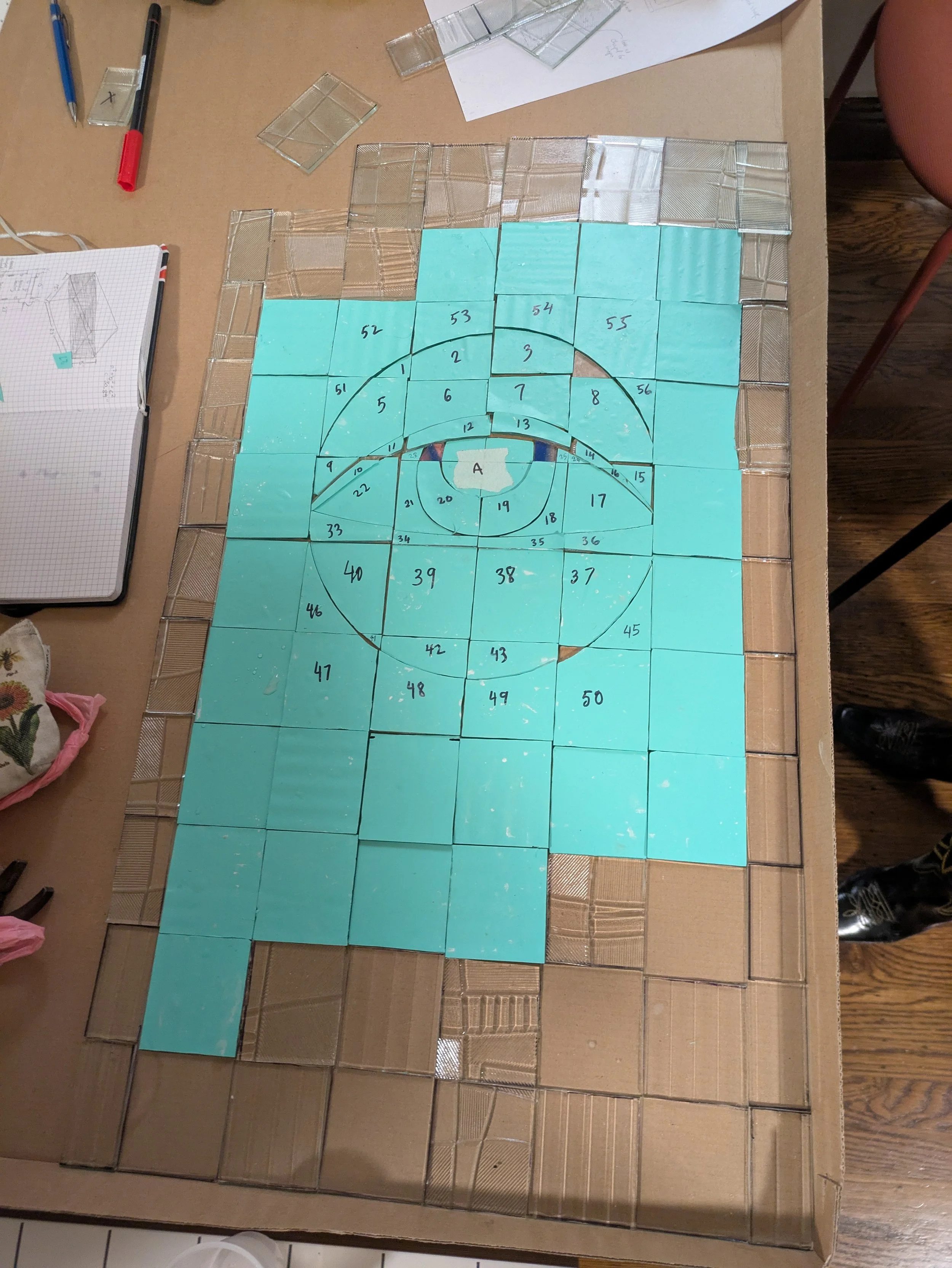 Stained glass pieces prepared for assembly