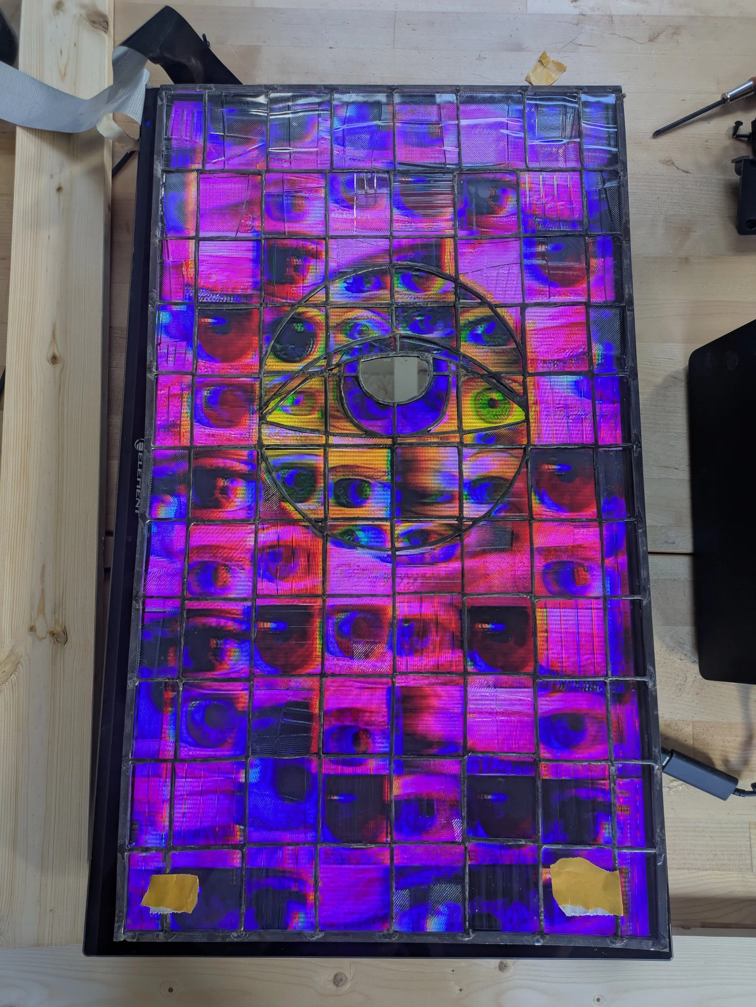 Stained glass eyeball before final installation
